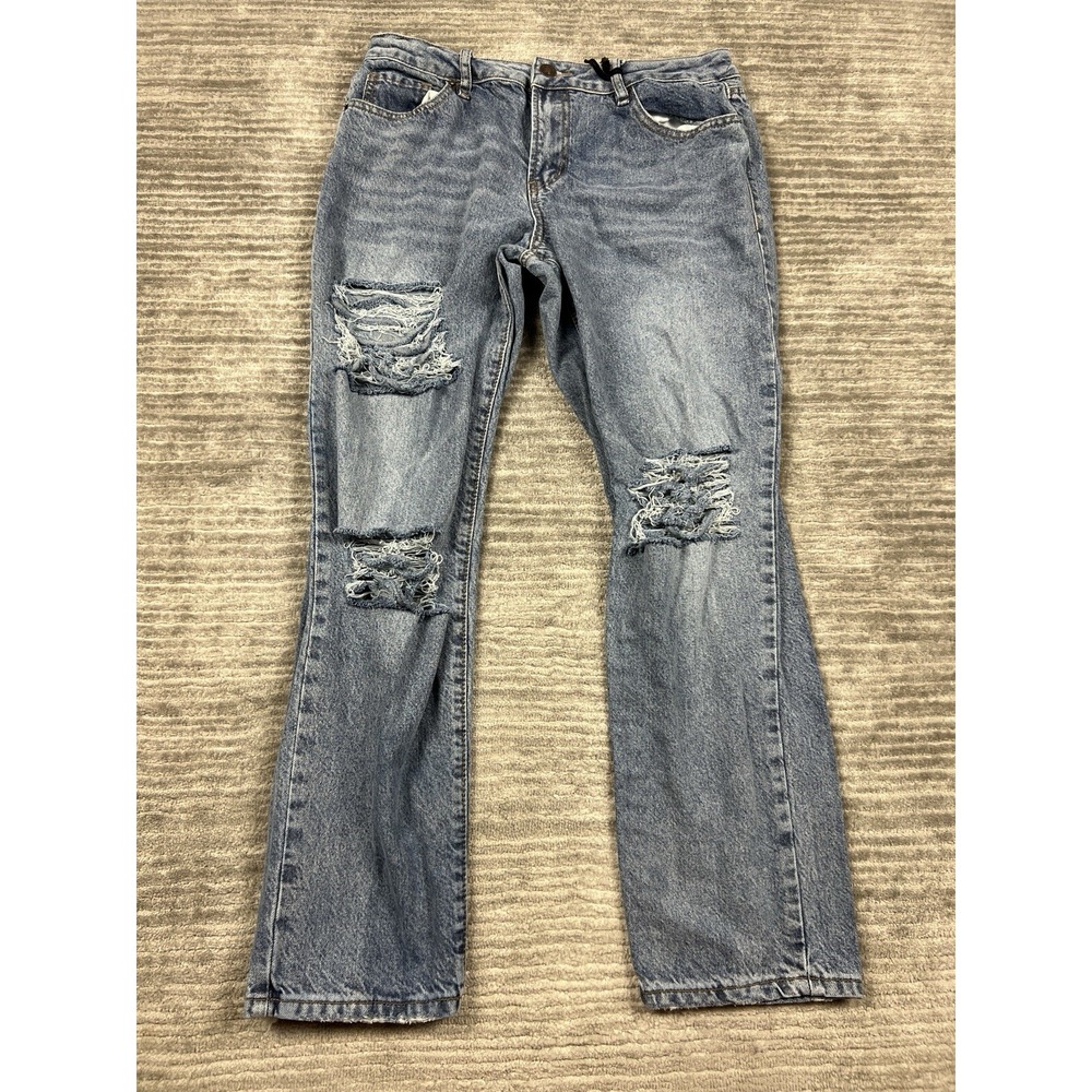 Rue 21 Jeans Womens 14 Blue Medium Wash Cotton Blend Straight Leg Destroyed‎